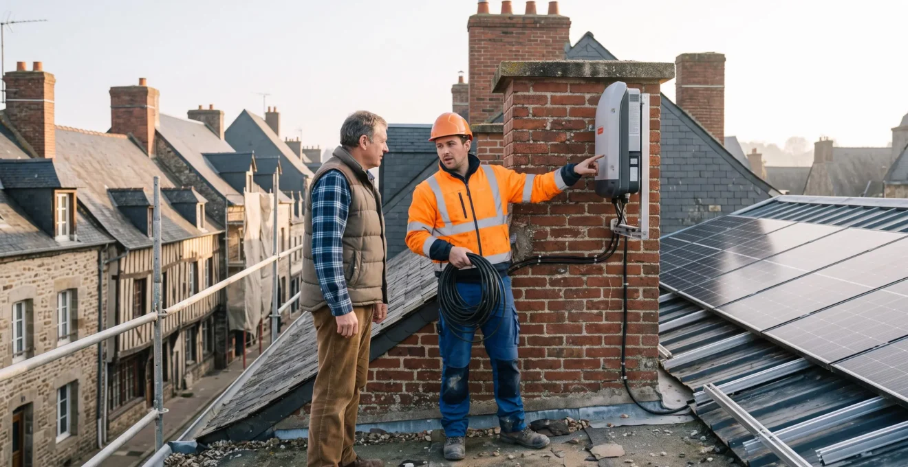 Un installateur présente un onduleur mural à un propriétaire devant des panneaux photovoltaïques.