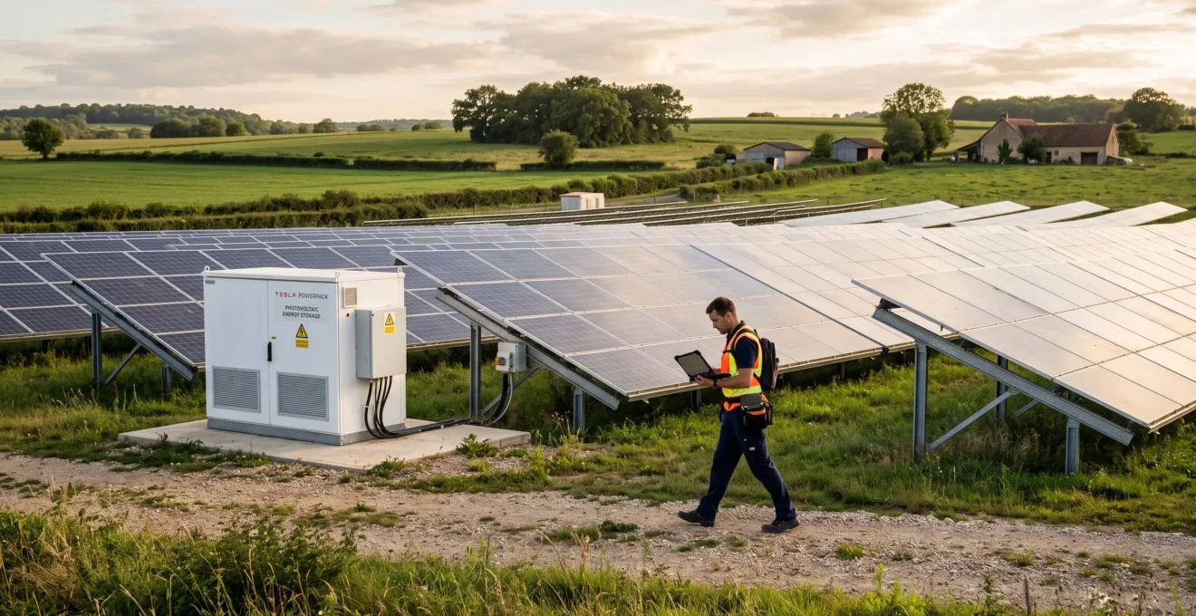 Un technicien marche entre des panneaux solaires et un coffret de stockage dans une campagne française.