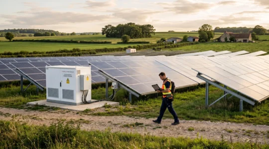 Un technicien marche entre des panneaux solaires et un coffret de stockage dans une campagne française.