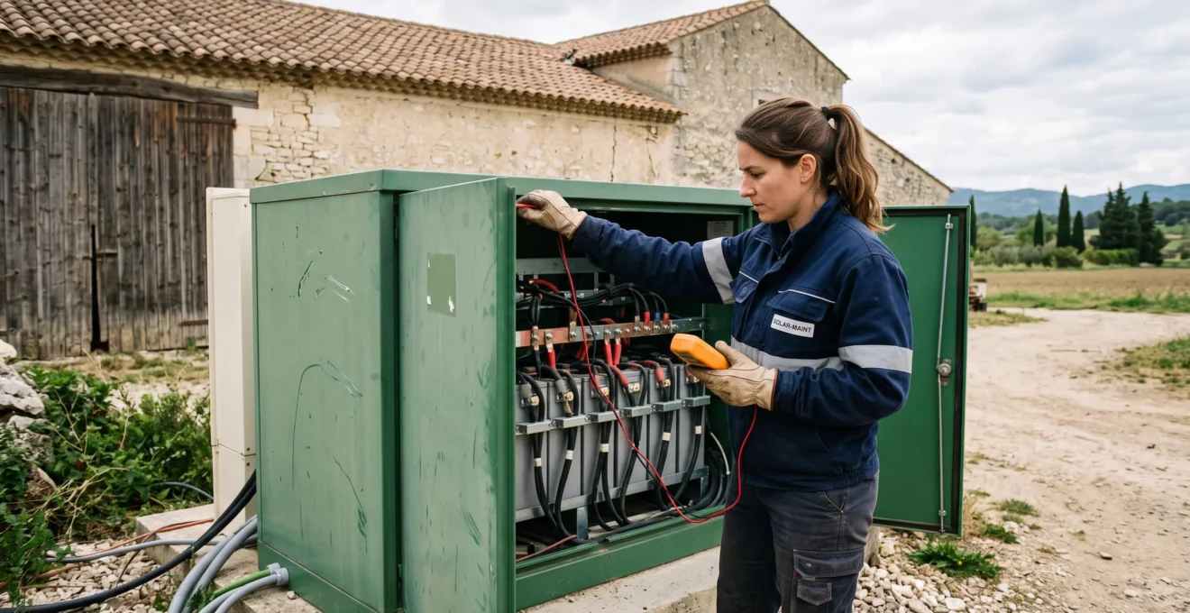 Un technicien vérifie les connexions d'une armoire de batterie stationnaire près d'un bâtiment agricole.